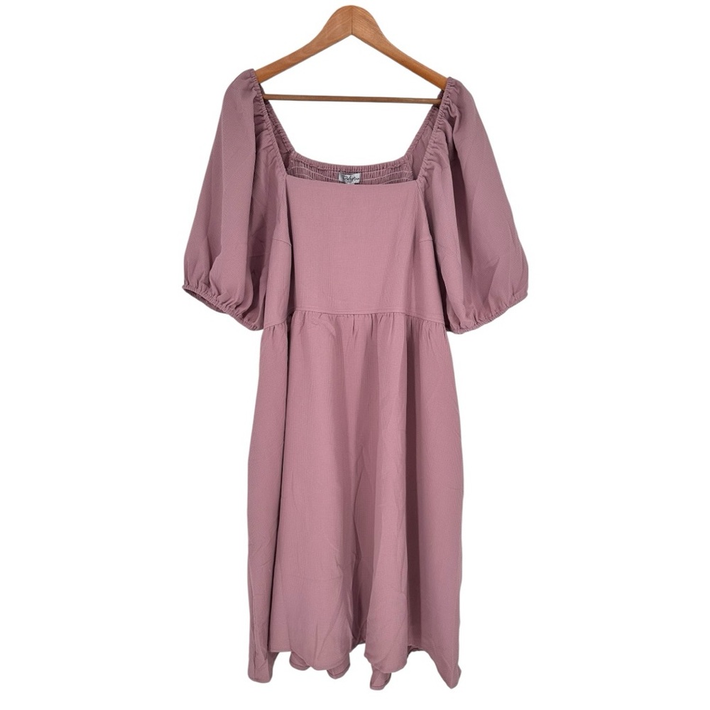 Polagram Mauve Puff Half Sleeve Smocked Back Midi Dress size 2X NWT Square Neck